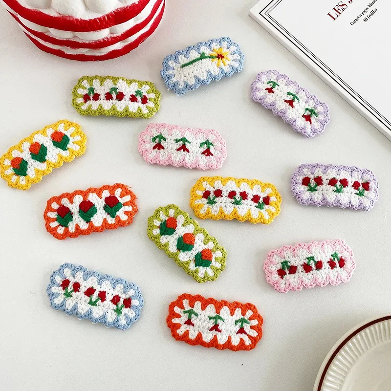 

1 Set Autumn Winter Clips for Women BB Clip Plush Headdress Knitting Cherry Girl Wool Flower Hairpin Kids Soft Hair Accessories