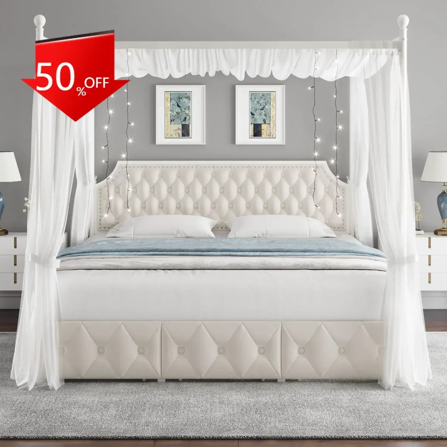 [XMSJ]King Upholstered Canopy Bed Frame with 3 Drawers and Button Tufted Headboard, Metal Platform Bed with 4 Removable Posts