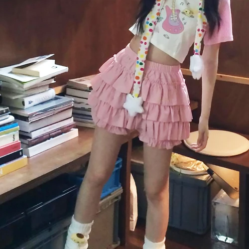 Imagen 2 del producto Minifalda Y2K con volantes para mujer, faldas acampanadas con lazo Kawaii de Lolita, falda japonesa Harajuku de cintura alta, vestido de baile rosa y blanco