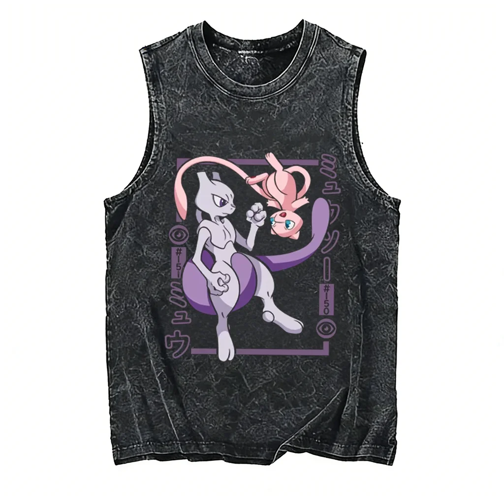 

2026 Pokemon Mewtwo & Mew Acid Wash Tank Top, Psychic Duo Anime Print, Oversized Cotton Streetwear Workout Vest