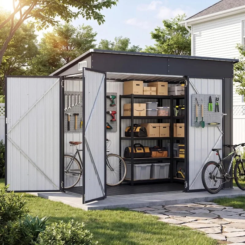 Aoxun 7.5'x4' Triple Door Shed Outdoor Storage Shed & 14mm PP Floor | Metal Storage Cabinet with Slopping Roof