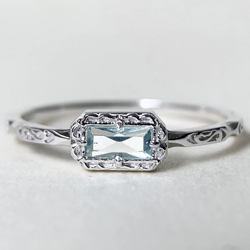 Huitan Women Minialist Thin Band Textured Silver Color Ring with Blue Cubic Zirconia Simple Daily Party Stackable Accessories
