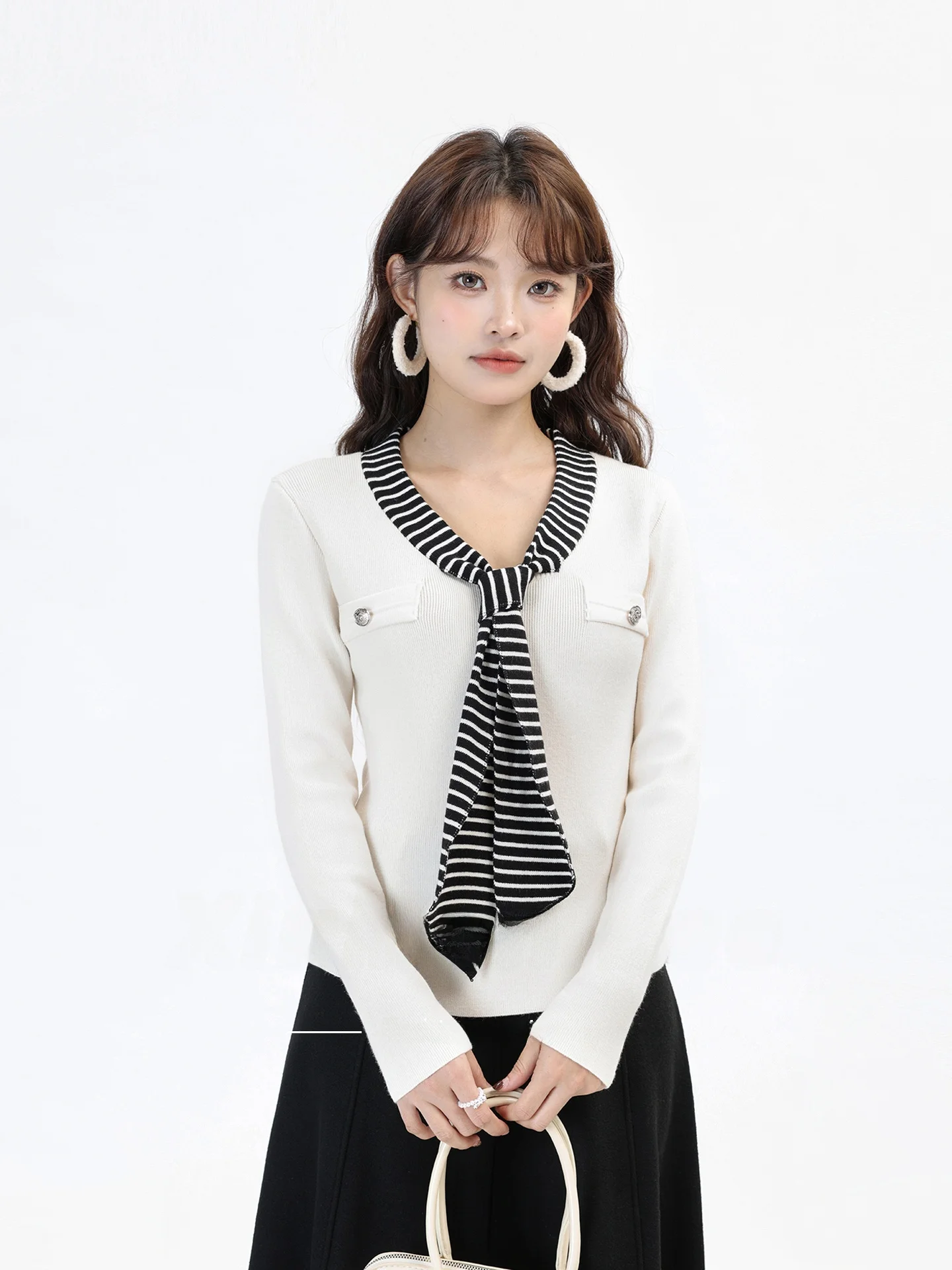 

Sli Slimming V-Ne Knitwear Soft Striped Patchwork Fake Two-Piece Base Top Casual Sle Long Sve Women's Winter irt