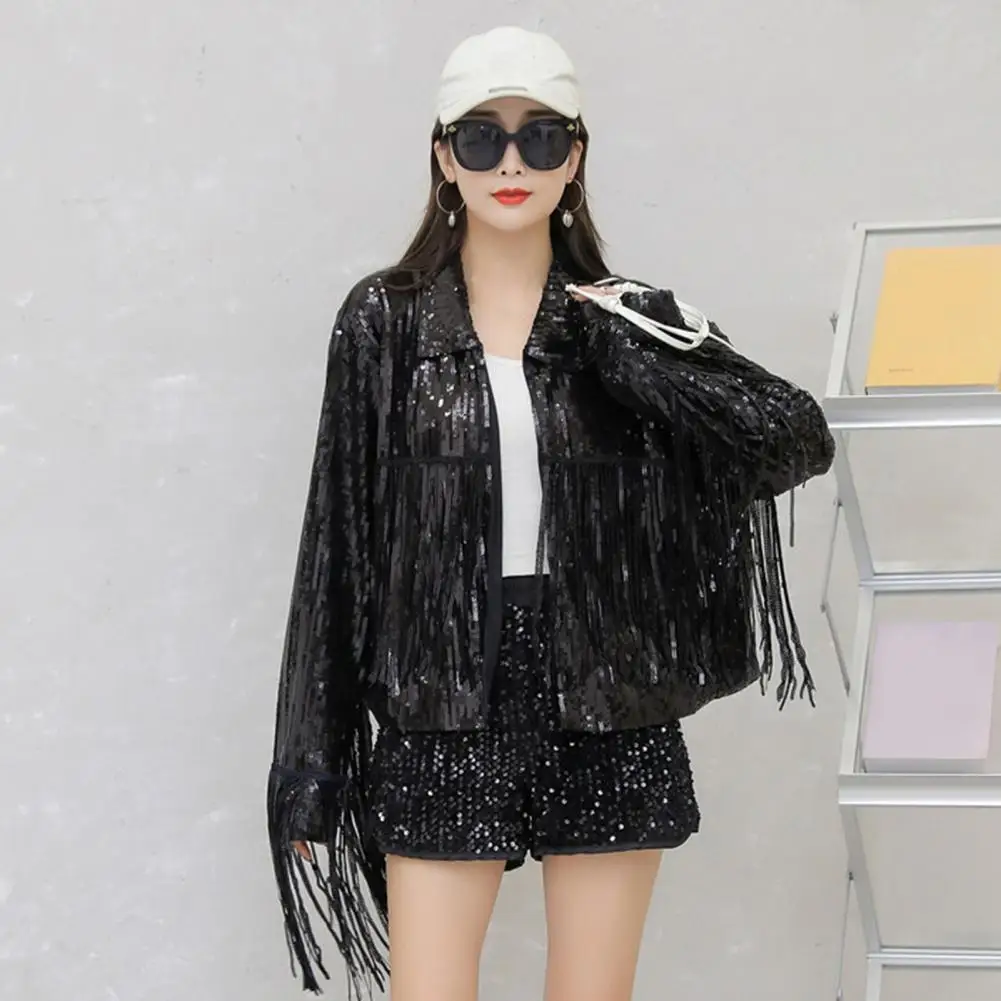 Women Shining Sequins Jacket Long Tassel Sleeves Reflective Sequins Fringe Jacket Short Type Open Stitch Club Jacket Coat