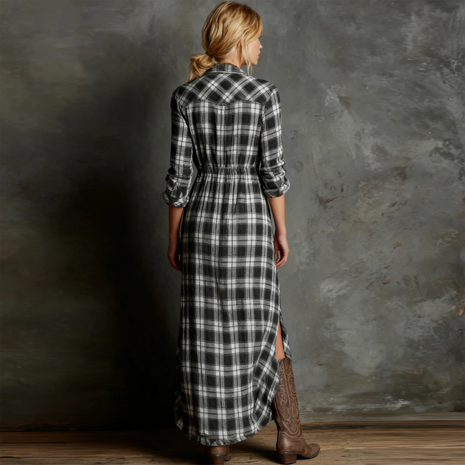 Women Fashion Plaid Dress Classic Lapel With V Neck Comfort Dress Female Daily Outdoor Casual Style Comfortable Long Dress
