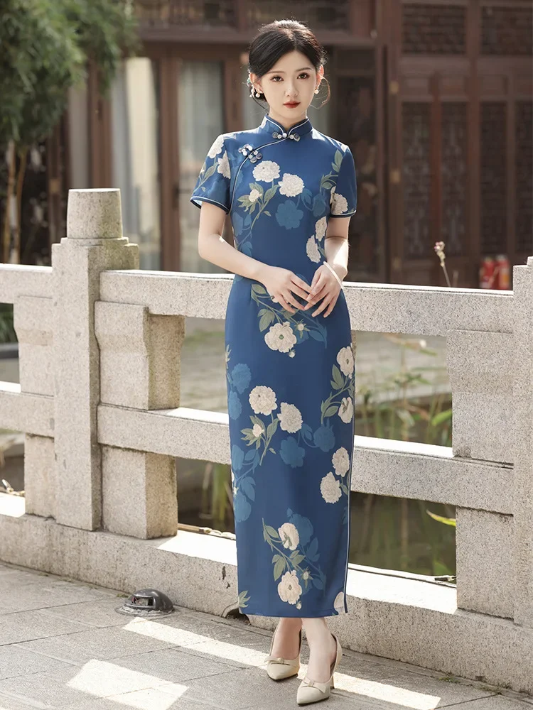 

3 цвета, женское длинное платье Cheongsam больших размеров, винтажное свадебное торжественное платье с цветочным принтом, традиционное Ципао на подкладке, от S до 4XL
