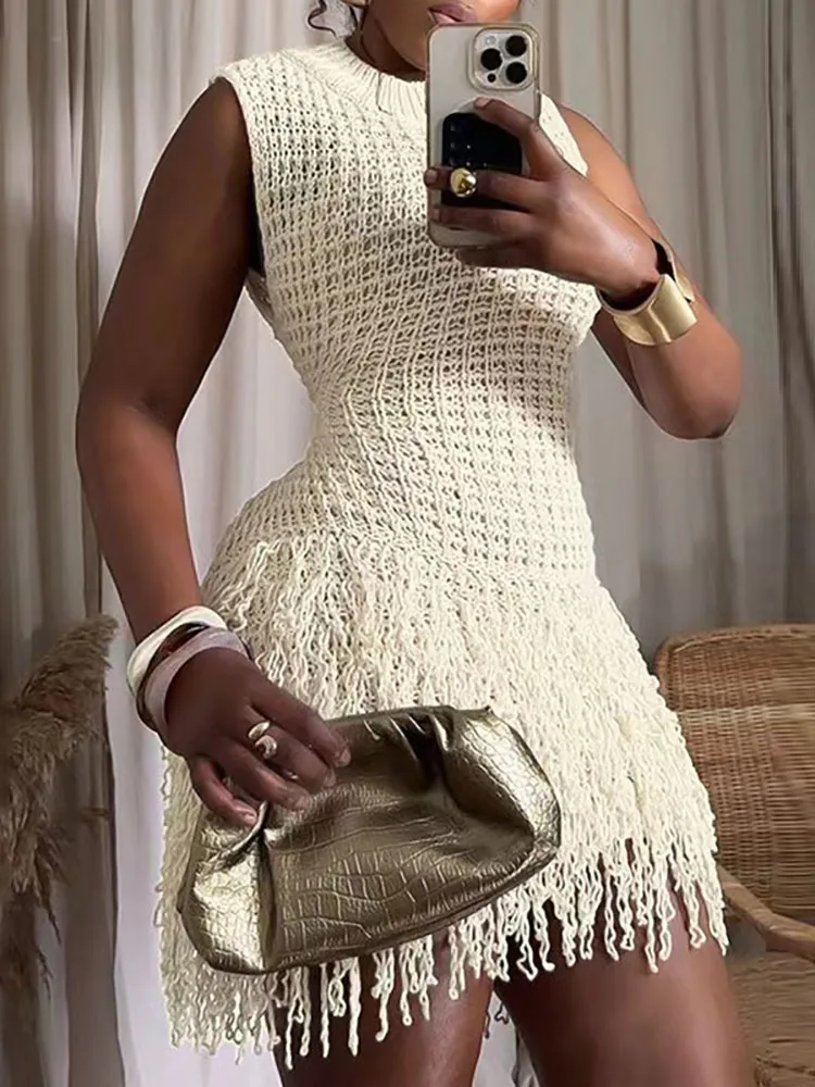 Women Apricot Tassel Knitted Mini Dress Fashion Casual Hollow Out  Sleeveless Short Dresses Summer Beach Seaside Vestidos Female