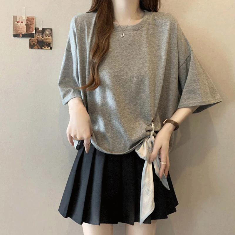 Women Plus Size Irregular Tie Short Sleeve T Shirt 2026 Summer Loose Slim Hide Fat Unique Crew Neck Casual Daily Blouse Tops