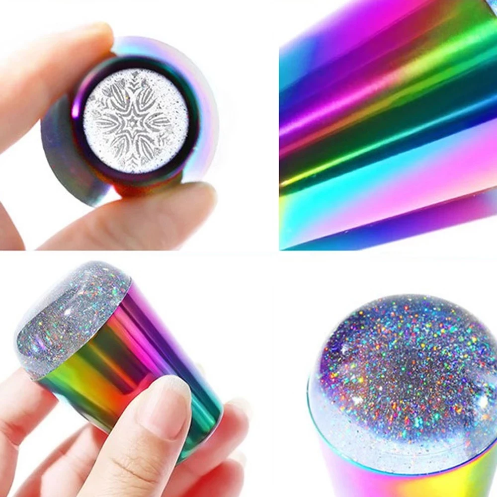 Stempel do paznokci ze skrobakiem Rainbow Alloy Handle Jelly Silicone Nail Stampers For French Nails Polish Print Transfer Stamping Tool