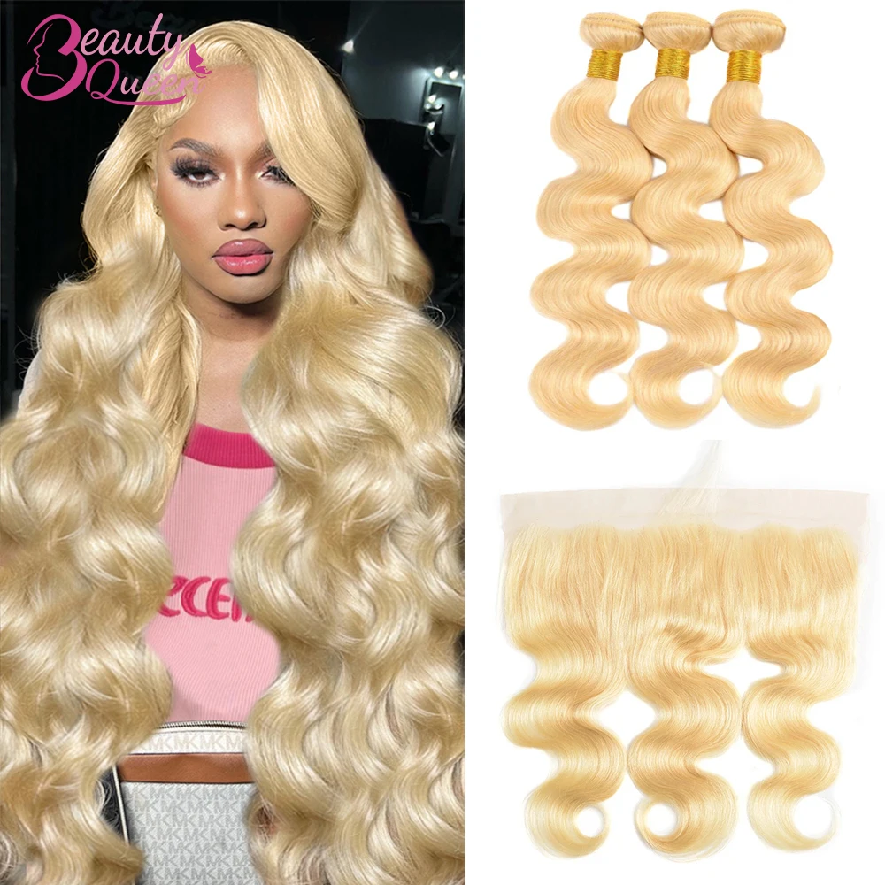 13x4 Lace Frontal With Bundles 613 Blonde Body Wave Human Hair With Frontal Transparent Lace Closure with 3 Bundle Weave Tissage