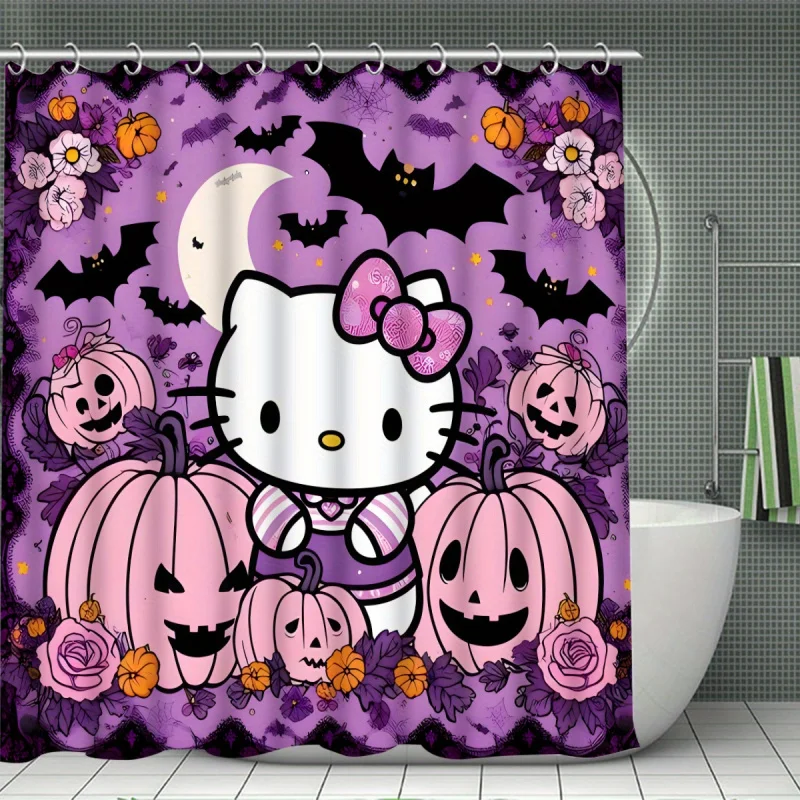 Open -1pc/4pcs Sanrio Hello Kitty, pumpkin, decor, Happy Halloween! trick or treat, shower curtain or toilet mat bathr