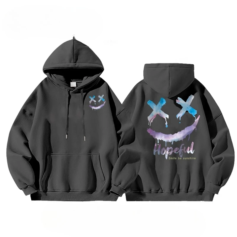 New Trendy American-style Fleece Hooded Sweatshirt Adults Men Smiling Face Niche Simple Casual Fashion Soft Warm Autumn Winter