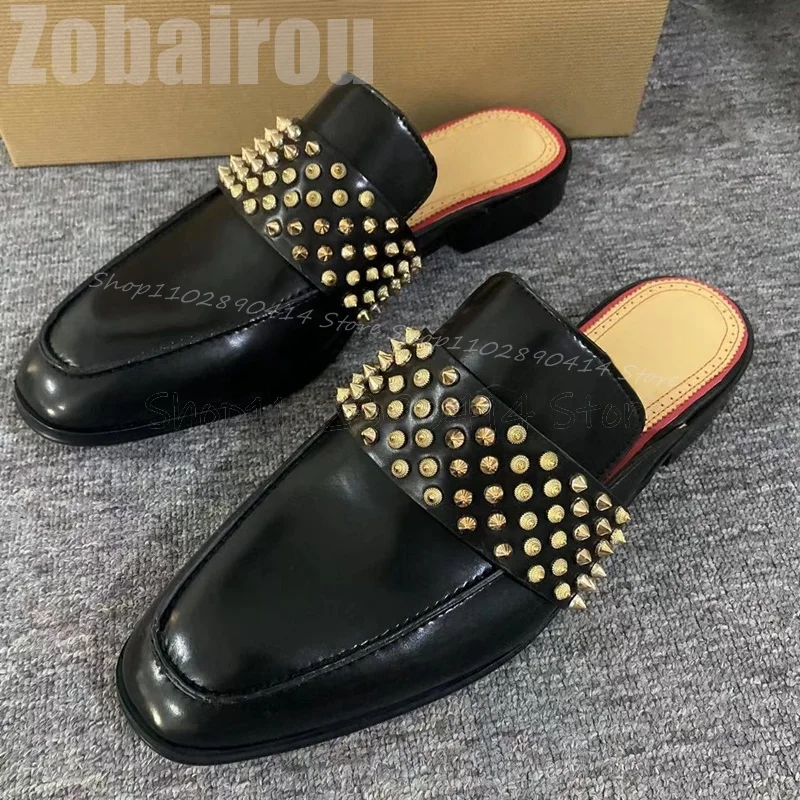 Gold Rivets Decor Black Sewing Design Men Slippers Fashion Slip On Men Shoes Luxurious Handmade Party Banquet Men Casual Shoes