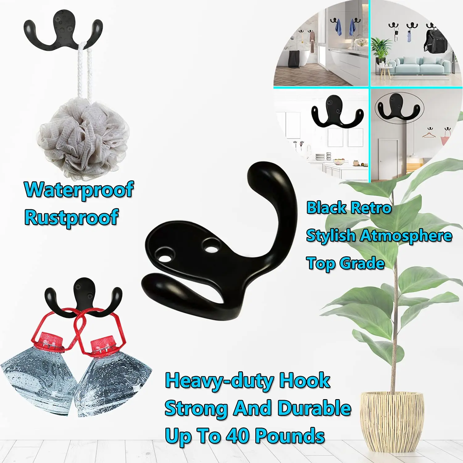 1PCS Heavy Duty Double Prong Coat Hooks Bookbag Coat Robe Wall Metal Hooks Coffee Mug Hooks with Screws for Kitchen Grocery Room