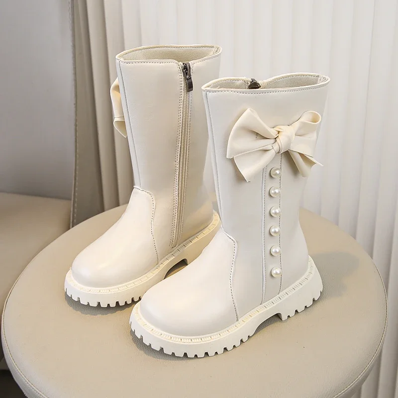 Kid's Shoes Fashion Princess High Top Boots Girls Leather Waterproof Plus Velvet Warm Snow Boots Children Bow Design Long Boots