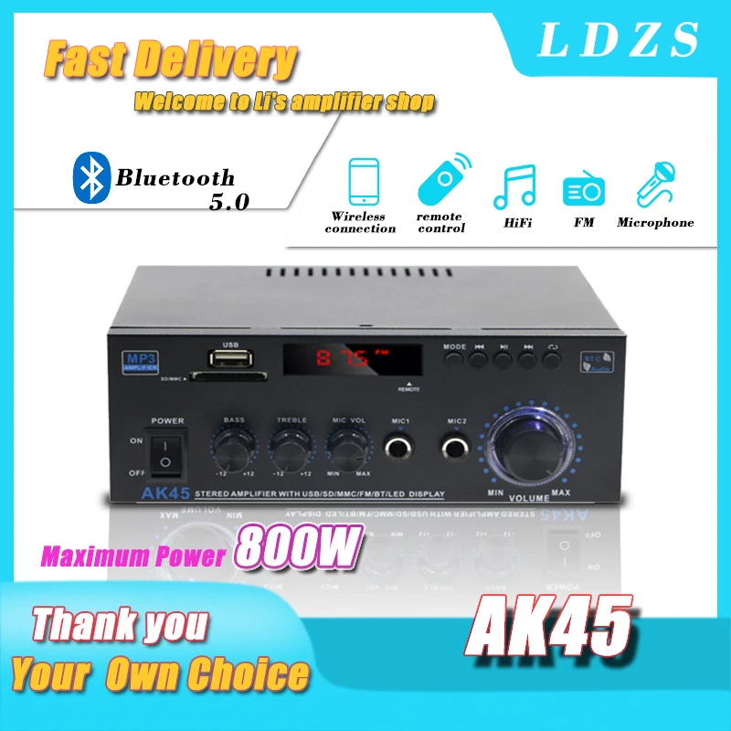 

AK45 Bluetooth 5.0 Power Amplifier 2.0CH 400W X 2 Output Max 400W Subwoofer Hi-Fi Audio Amplifier Stereo Amplifier Receiver