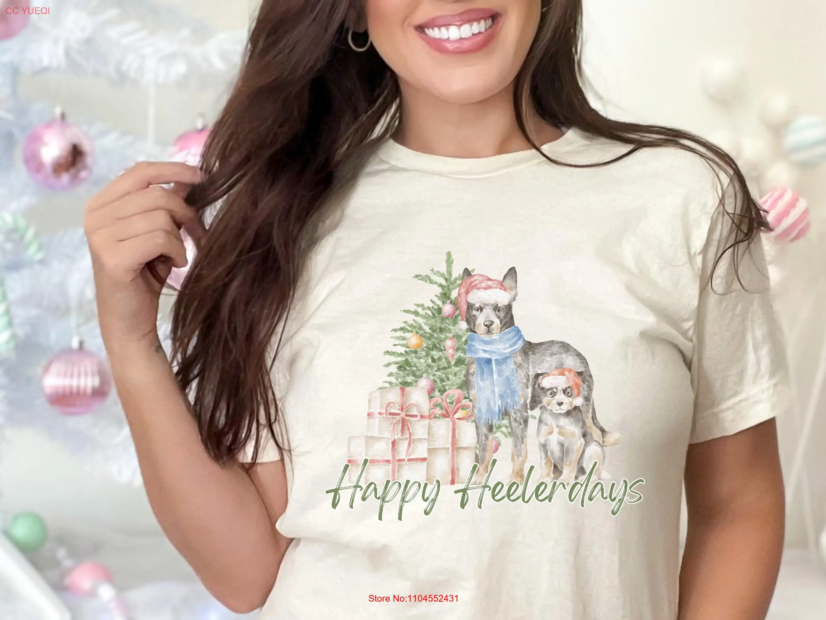 

Рождественская футболка Heeler, милая синяя праздничная австралийская крупный рогатый скот, власник собаки, мама с длинными или короткими рукавами