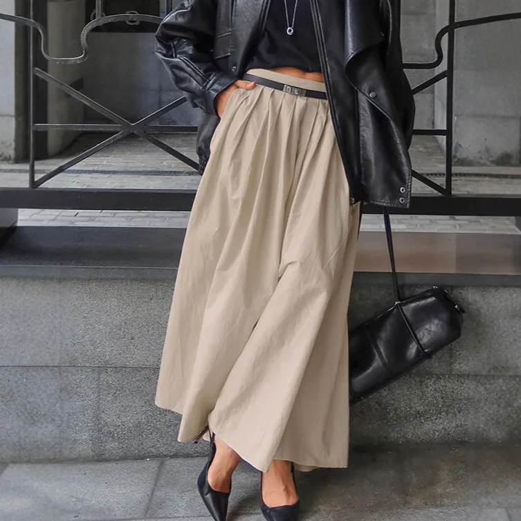 

Pure Cotton Autumn Women's Skirt Mid Waist Pleated Patchwork Long Skirt For Female Temperament Commuting Versatile Lady's Skirt