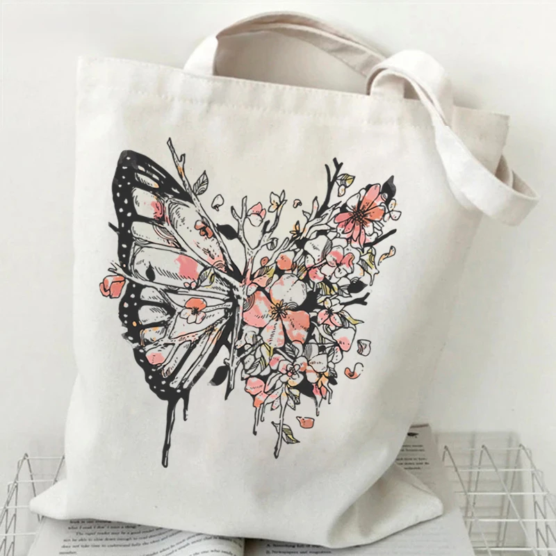 Women\'s Shopping Purse Vintage Flower Butterfly Design Floral Print Storage Handbag Butterfly Lover Gift Women Canvas Tote Bags