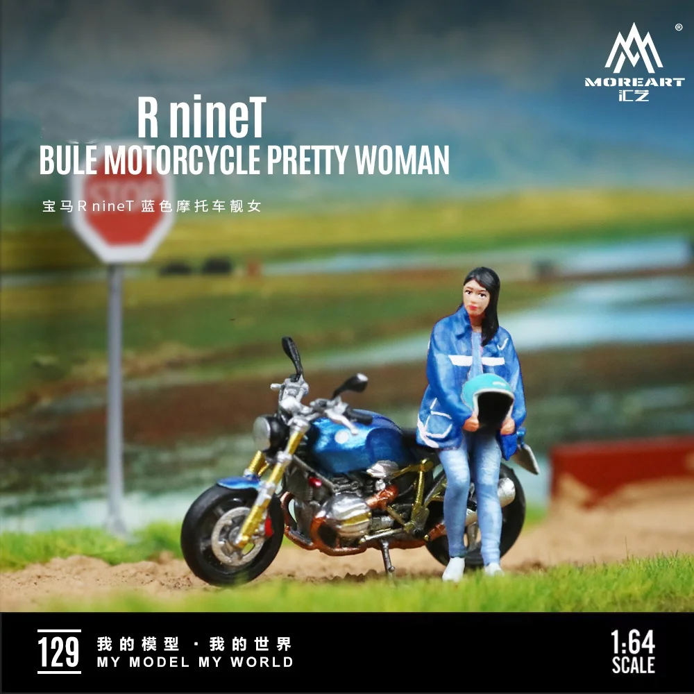 MoreArt 1/64 mini R nineT Blue motorcycle Pretty Girl Resin action figure edition set