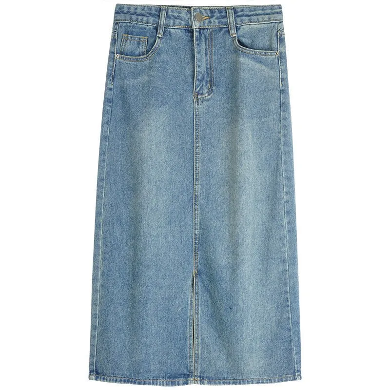 여름 하이웨이스트 A라인 스커트 여성용 루즈 슬림핏 미디 길이 데님 스플릿 스커트 패셔너블 비즈니스 캐주얼 코튼...