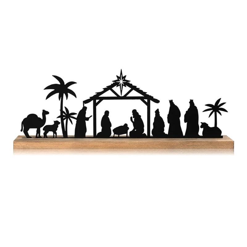 Christmas Nativity Scene Set Black Metal Figurines with Base for Holiday Tabletop and Shelf Decorative Ornament A0KF