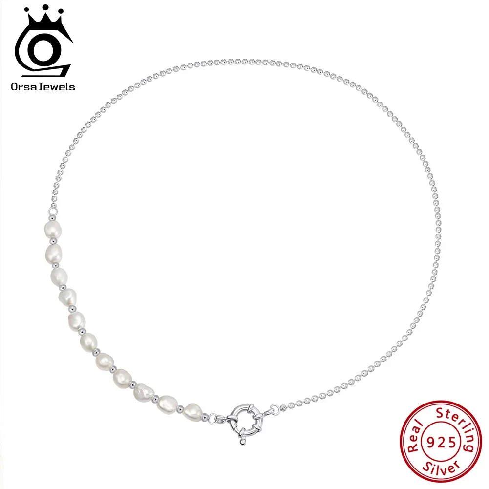 

ORSA JEWELS S925 Silver Half Pearl Chain Necklace Choker for Women Jewelry Dancing Party Dating Wedding Vacation GPN92
