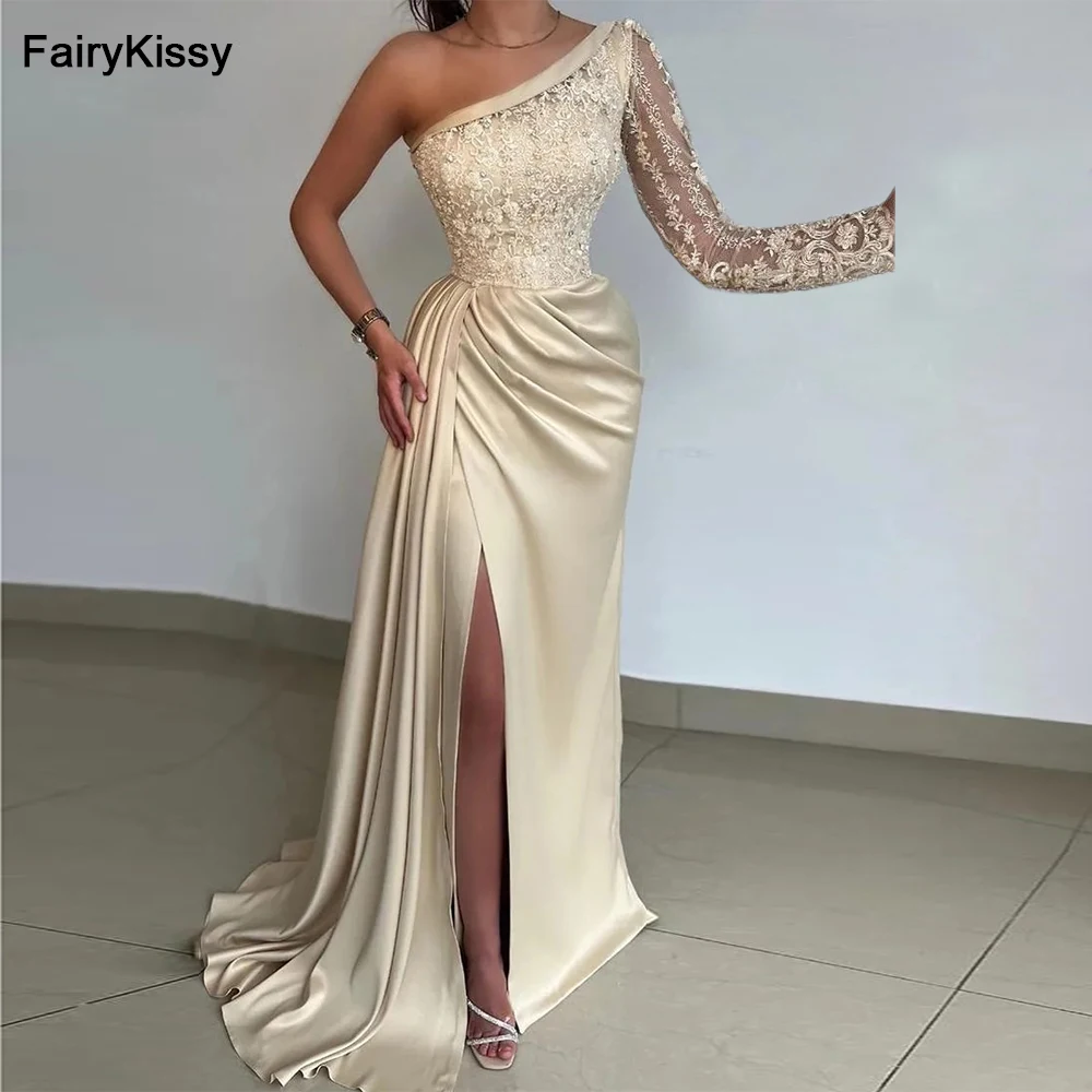 

FairyKissy New Design Mermaid Champagne Prom Dresses Lace One Shoulder Long Sleeve Beaded Ruched Pleats High Slit Evening Gowns