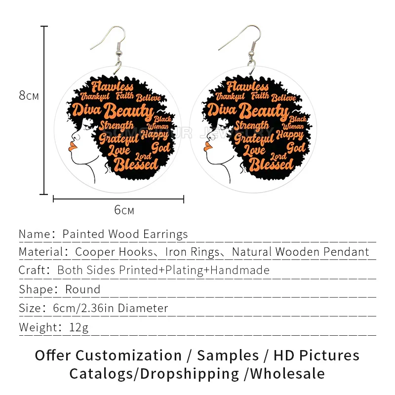 SOMEHOUR Afro Queen Black Girl Magic Print Women Wooden Drop Earrings Diva Beauty Educated Blessed Sayings Loops Pendant Dangle