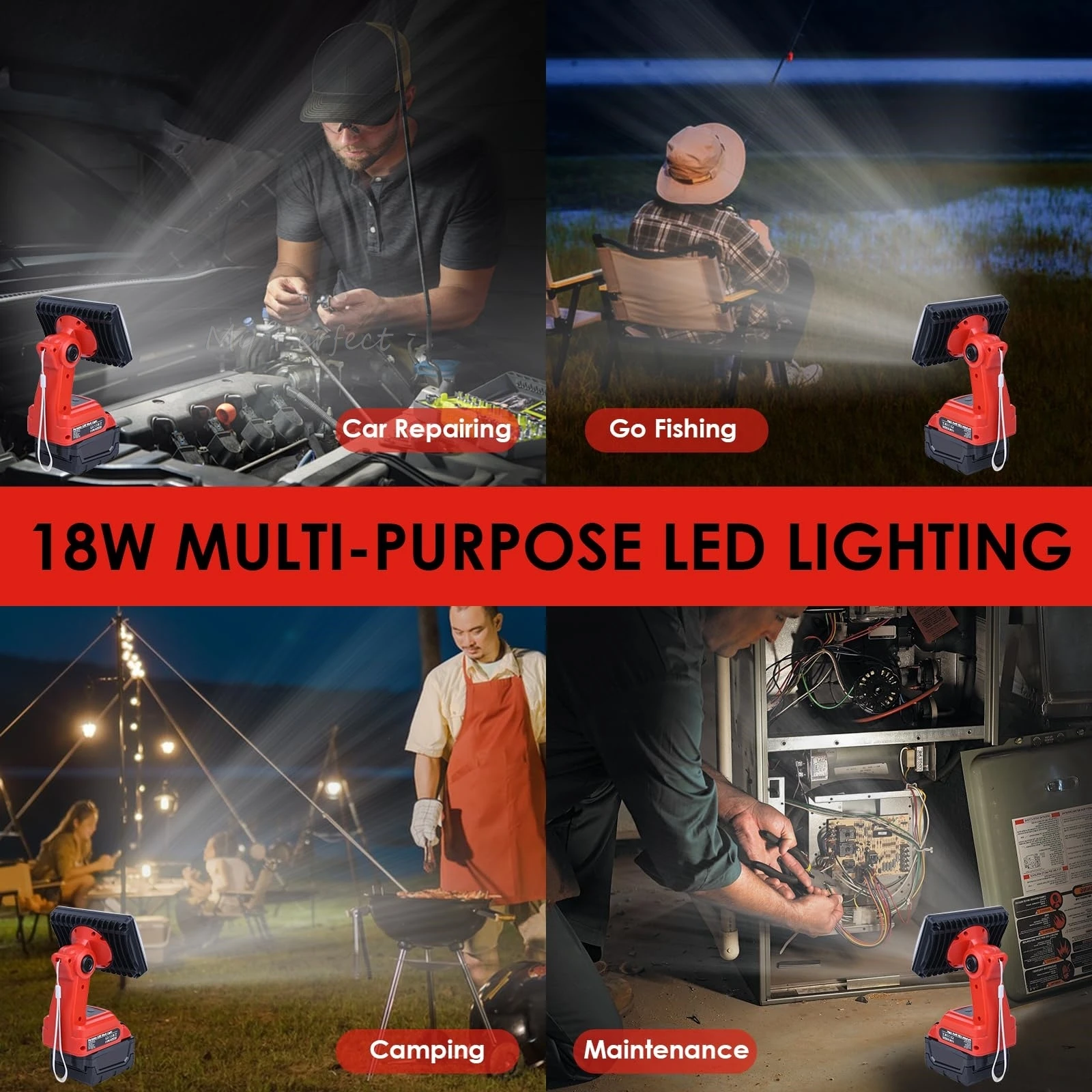 Linterna portátil compatible con baterías de Milwaukee 18V 18W 2000LM led inalámbrico luz de trabajo proyector con puertos de carga rápida USB 90 ° foco de cabeza ajustable para sitios de trabajo acampar interior al aire libre 3 modos de iluminación