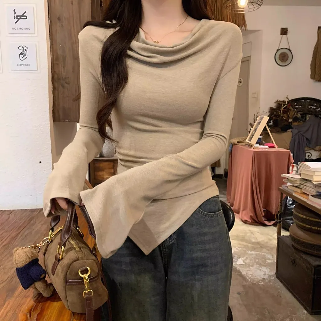 Damen Slim Fit Langarm-Oberteil mit Wasserfallausschnitt, Schulterfreies Design, Unregelmäßiger Saum, Bodycon-T-Shirt, Lässige Y2K Streetwear Bluse – Detail 6