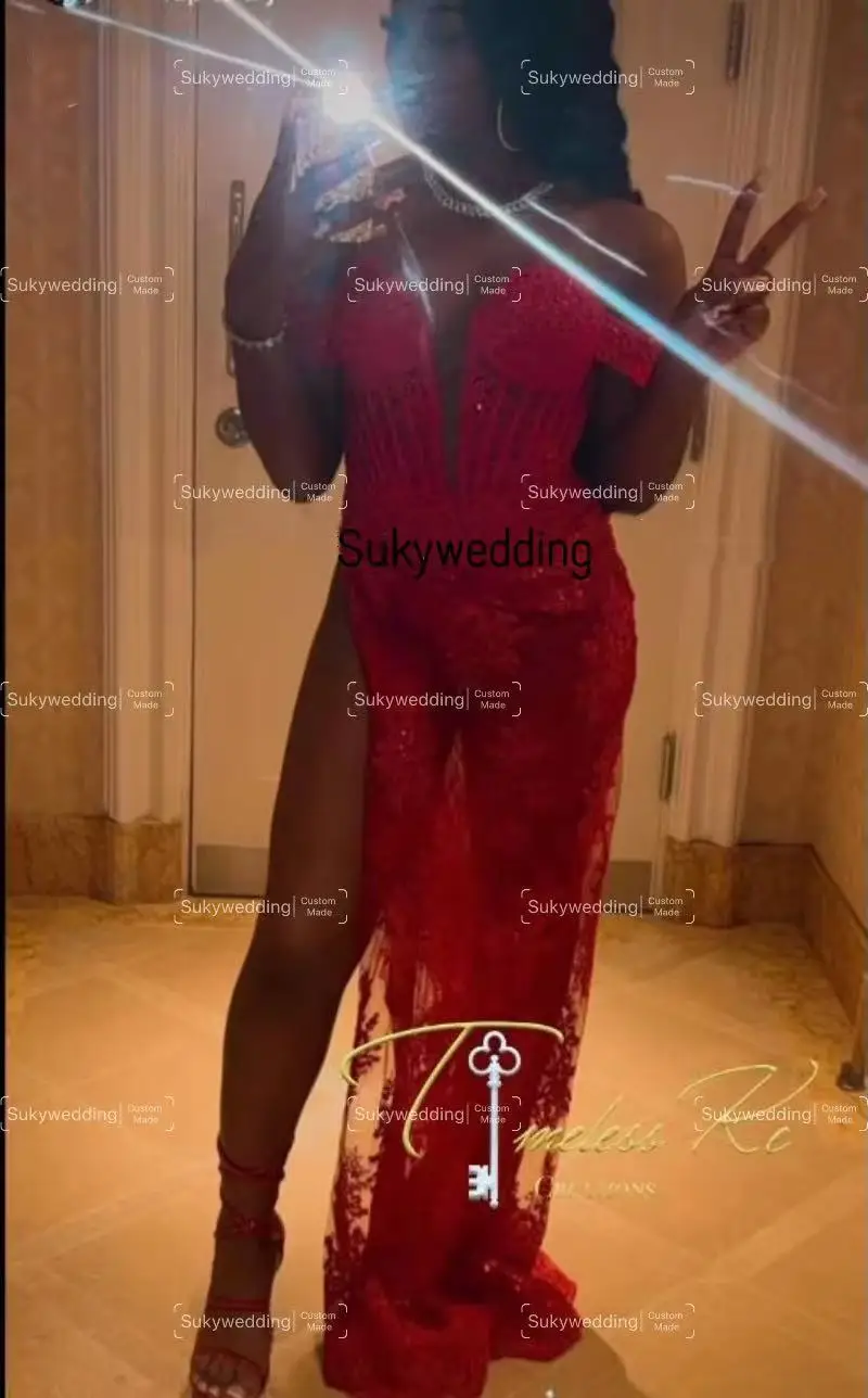 Sexy Red Lace Mermaid Long Prom Dresses For Black Girl Off Shoulder Corset Boning Slit Birthday Evening Gala Gowns Customized