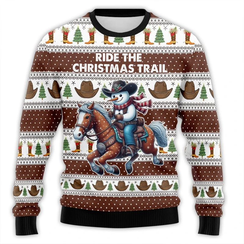 Western Cowboy Ugly Christmas Sweater Rodeo Mens Funny Ugly Sweater Xmas Holiday Crew Neck Sweatshirt Loose Casual Pullovers