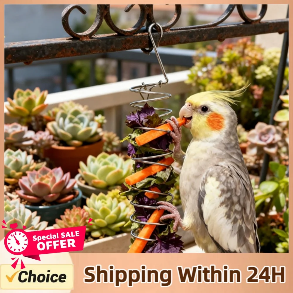 Stainless Steel Bird Treat Holders with Tray Spiral Bird Food Feeders Parakeet Snack Stick Feeder for Fruit Vegetables Feeding