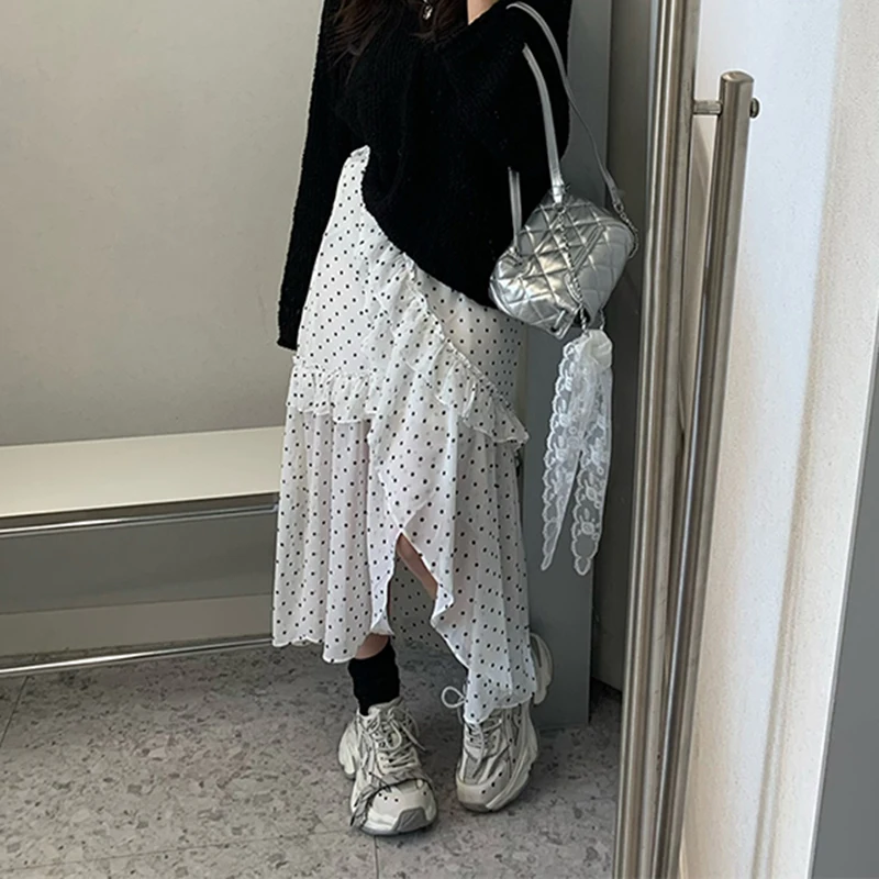 

Новая женская юбка миди с белыми горошками и черными оборками, асимметричная, летняя, в корейском стиле, А-силуэт, для уличной моды