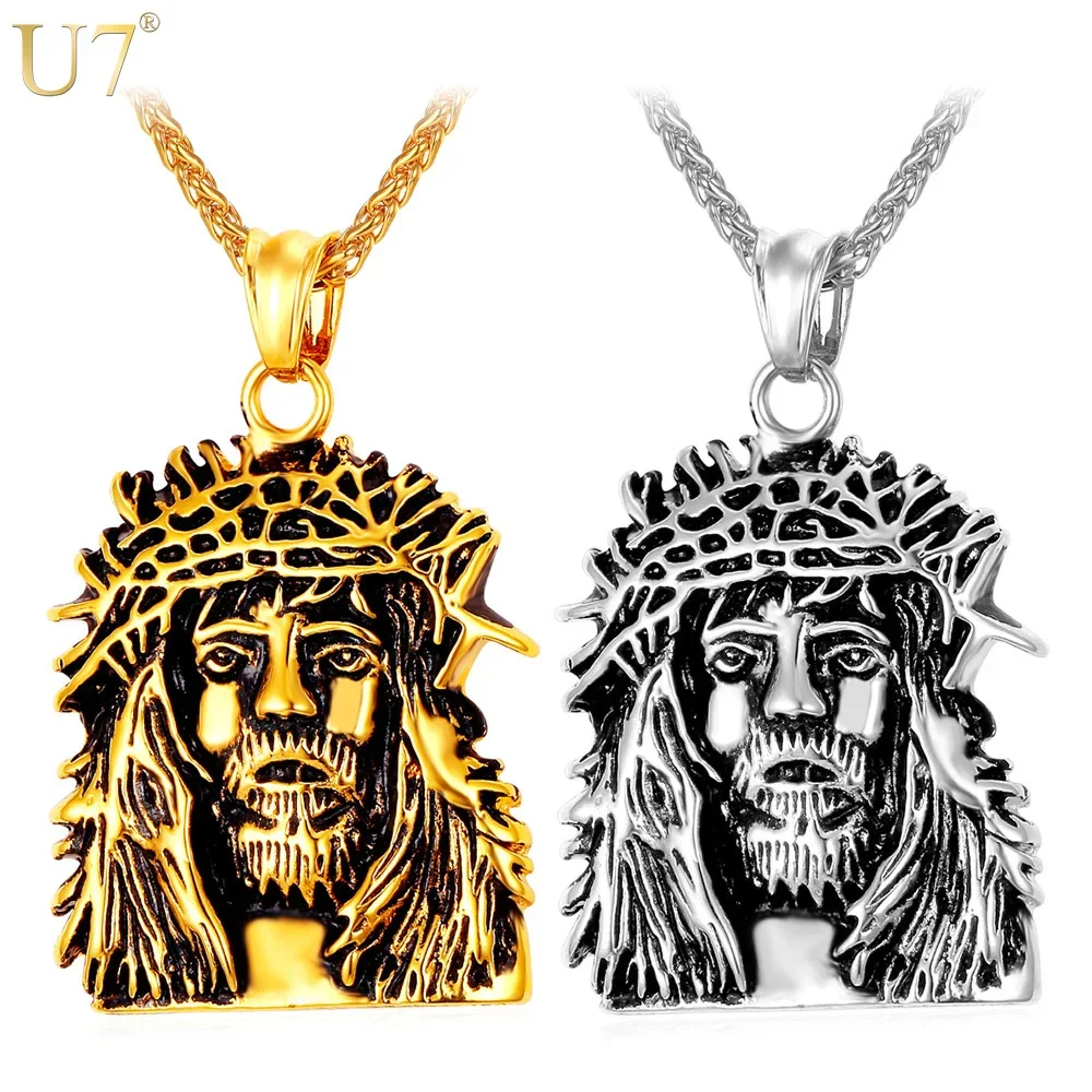 U7 Head of Jesus Cross Necklace 22inches Link Chain Stainless Steel Religious Charactor Pendant Men Jewelry QC24