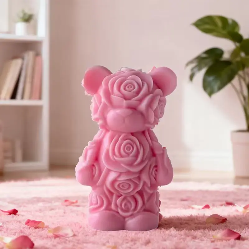 

Rose Bear Valentine's Day Silicone Mold 3D Teddy Bear Floral Aromatherapy Candle Plaster Mould for Romantic Home Decor Gift