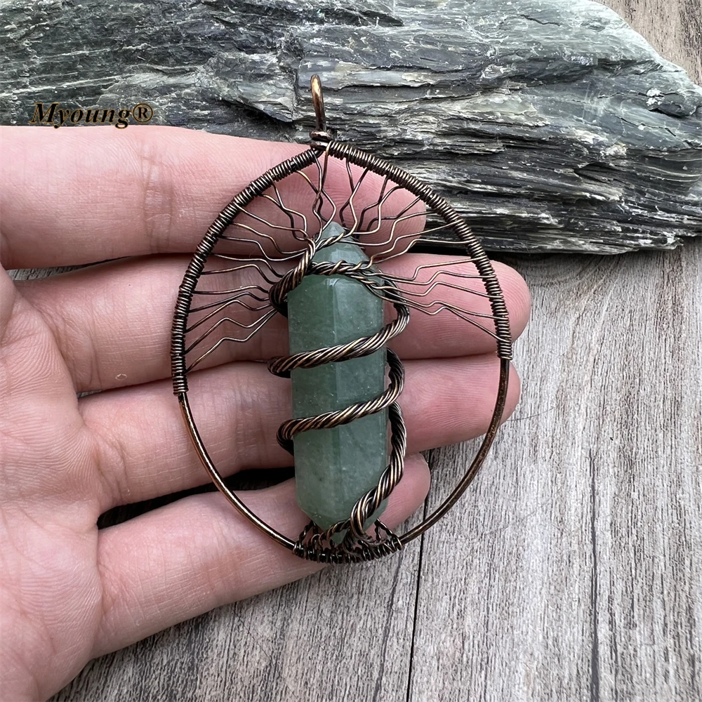 Hexagonal Column Natural Aventurine Quartz Life Of Tree Wire Wrapped Pendants MY230475