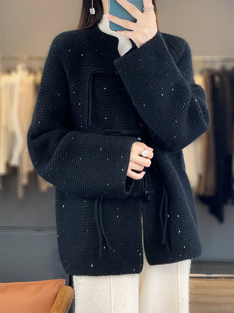 

Elegant Cardigan Autumn Winter Sweater Women Clothing 100% Merino Wool Sweater Cardigan O-Neck Thick Warm Outerwears Casual Knit