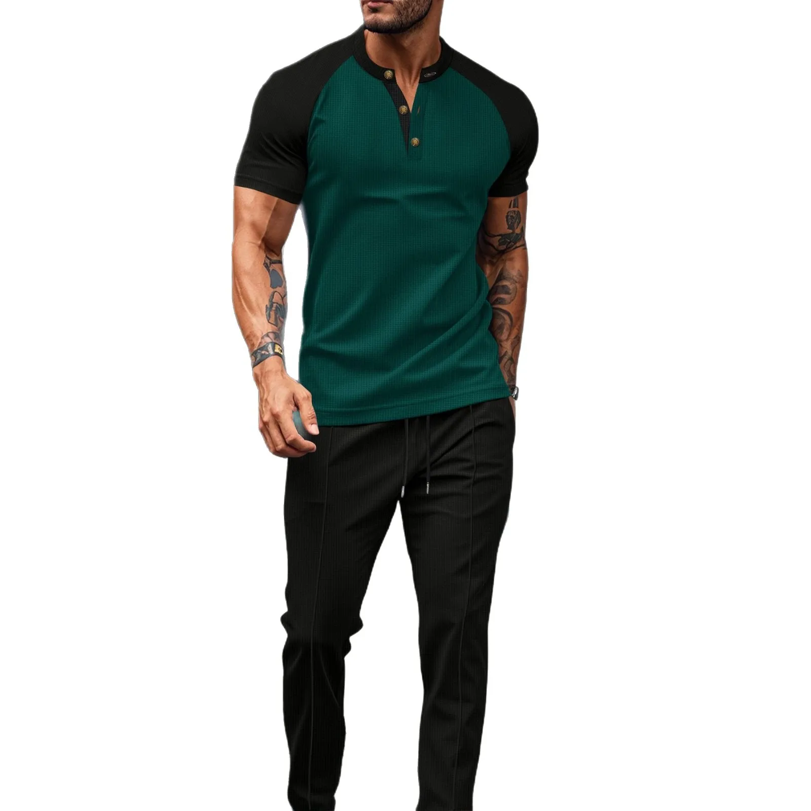 Cross-border men's suit: European and American 2025 summer color-block casual crew-neck short-sleeve men's T-shirt and long pant