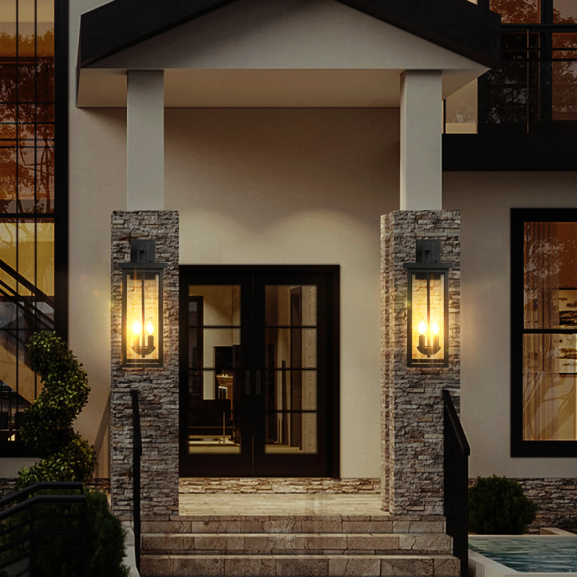 

22" Dusk-to-Dawn Exterior Lantern, Matte Black Weatherproof Wall Light with Clear Glass for Traditional Porch