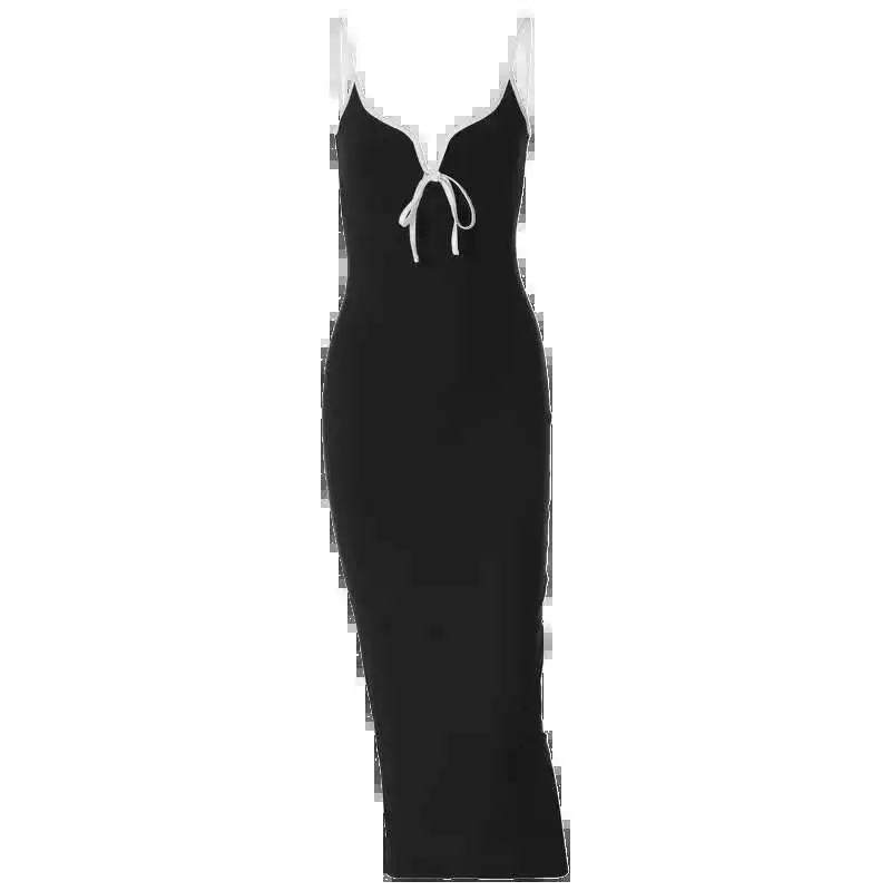 2025 Women Elegant Color Block V Neck Slips Lace Up Slit Sexy Slim Maxi Prom Dress Summer Clothes Party Vacation Club NBW8