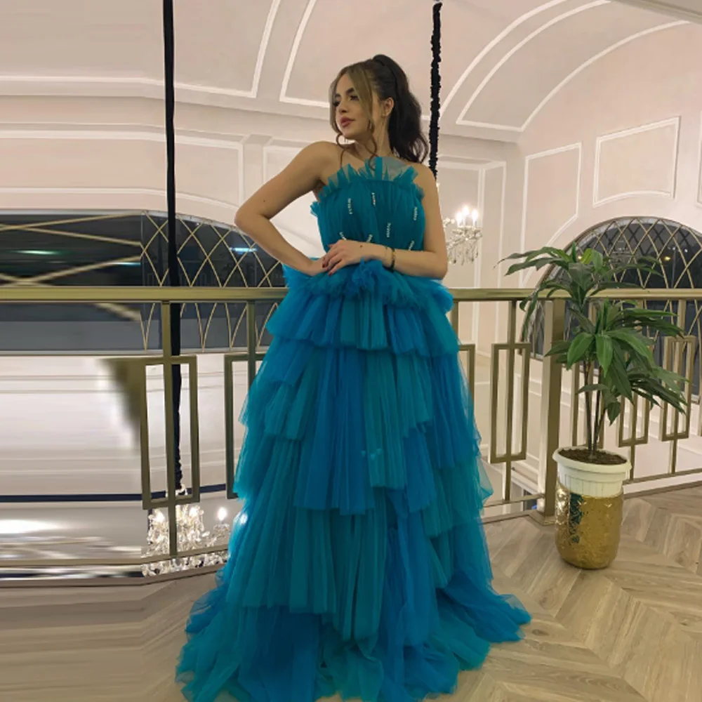 

Индивидуальные платья принцессы без бретелек из тюля с бусинами для выпускного вечера для женщин, многоуровневые вечерние платья трапециевидной формы с скользящим шлейфом, платье для дня рождения