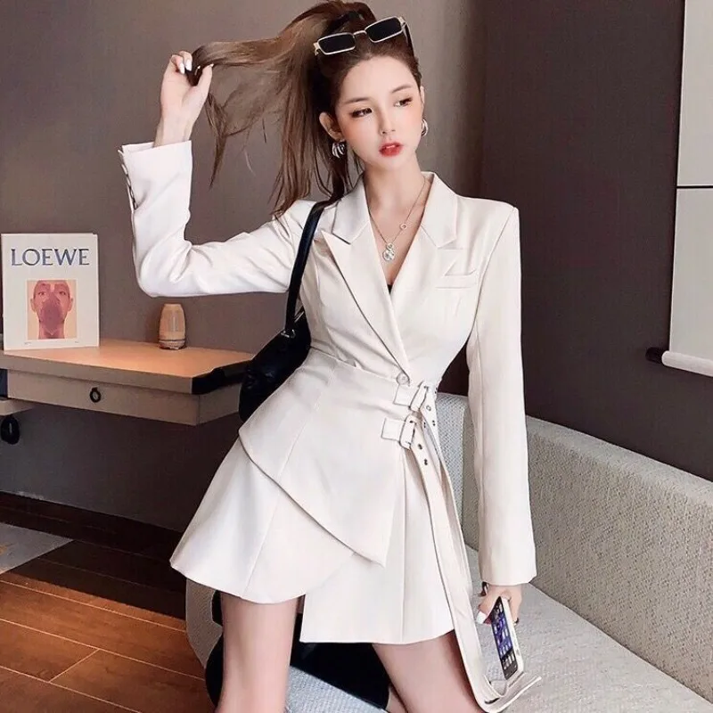 

Women Fashion Slim Solid Color Irregularity Style Dresses Ladies Long Sleeve Pleated Hem Blazer Dress