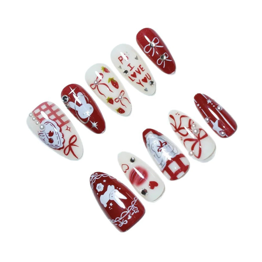 30 pièces papillon dessin animé lapin presse sur ongles moyen amande faux vin rouge amande strass perle conception bricolage ongles Y2K