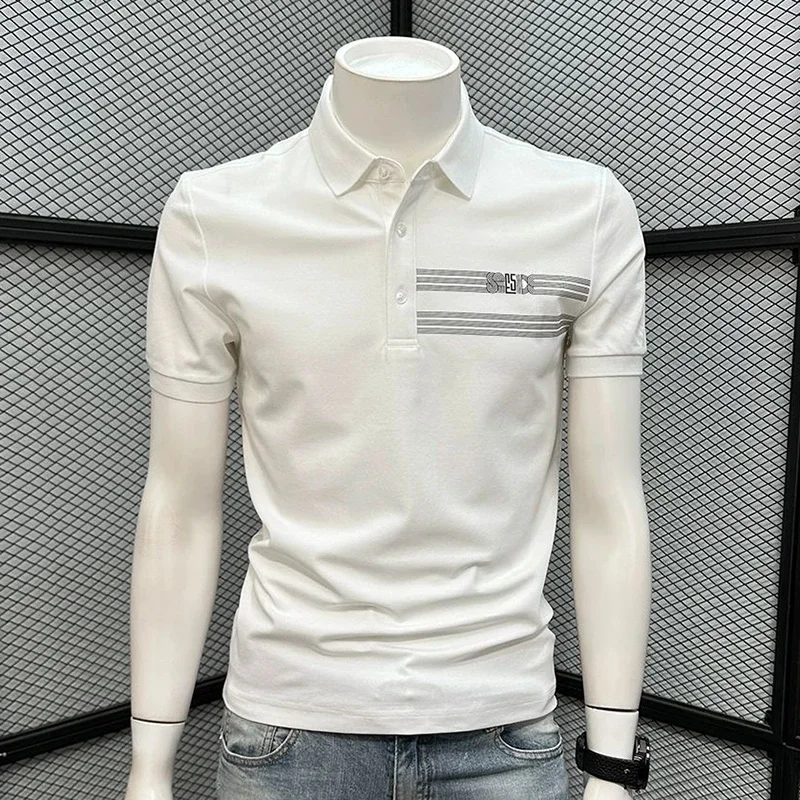 LIBIELIY Fashion Loose Printed Letter Business Striped Polo Shirts Men's Clothing 2025 Summer New Casual Pullovers Asymmetrical