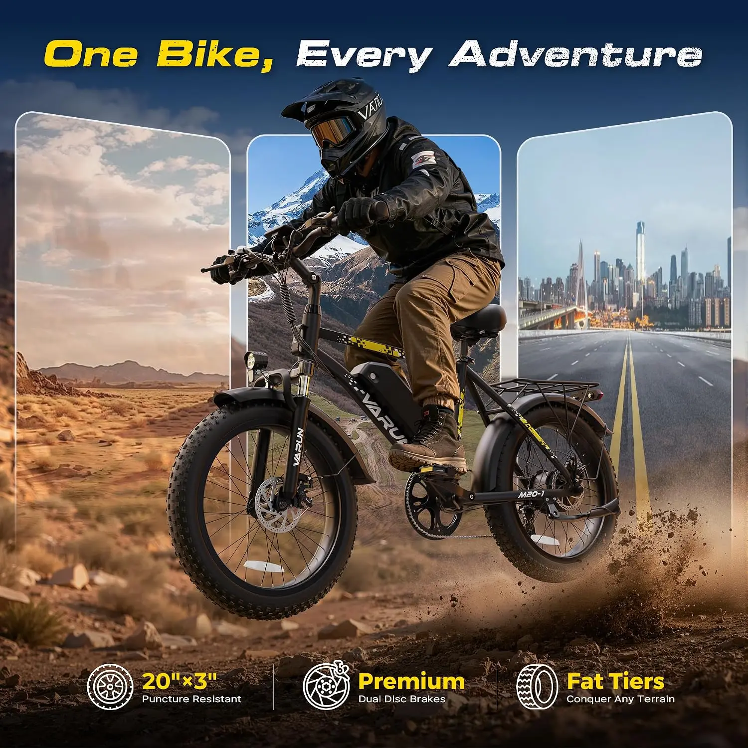  VARUN 1000W Peak Electric Bike for Adults, 20" 3.0" Fat Tire Ebike 48V 13Ah Removable Battery, 7-Speed 30-60+ Miles Range E-bike for Mountains, Snow, Sand - view 6