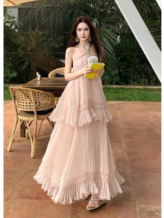 

Summer New Heavyweight Strap Dress Women's Beach Holiday Long Gown Thin Gauze Pleated Neck Hanging Gown Ladies' Loose Waist
