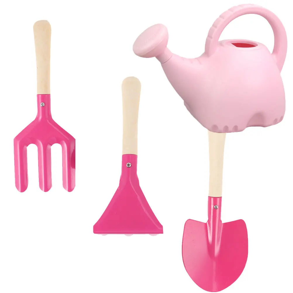4Pcs Childrens Garden Tool Kit Durable Wood Handle Watering Can and Shovel for Kids Planting Indoor Outdoor Pink