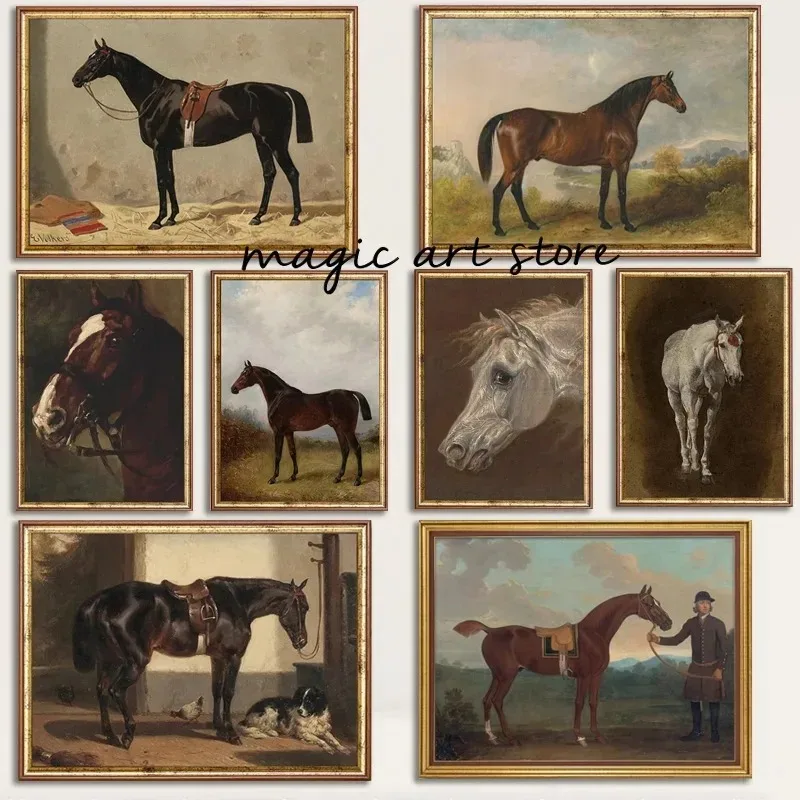 Vintage Horse and Dog Antique Equestrian Horse Portrait Animal Art Poster Canvas Painting Wall Print Picture for Room Home Decor